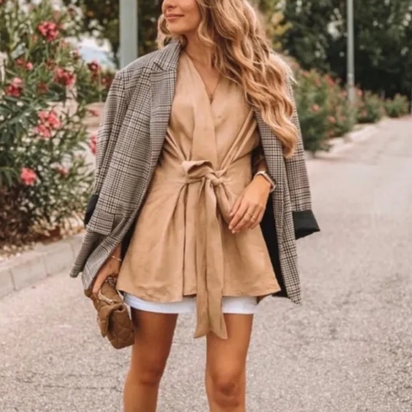 Zara Linen Minimalist Wrap Long Sleeve Tunic Top Blouse Taupe Brown XS - Picture 2 of 4